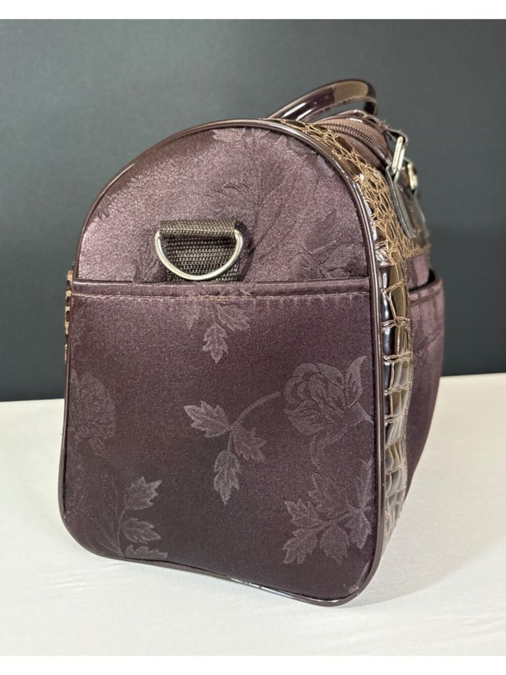 Faux Crocodile Travel Bag  Duffel Dual Handbag With Cosmetic Case Brown Floral - Picture 13 of 16